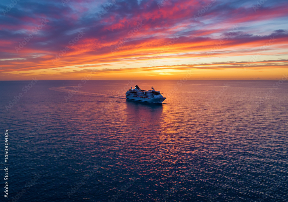Cruise Ship Sailing into a Vibrant Sunset Ocean Travel, Sky, and Vessel at Dawn or Dusk. Cruise Ship Sailing into a Vibrant Sunset Ocean Travel, Sky, and Vessel at Dawn or Dusk.