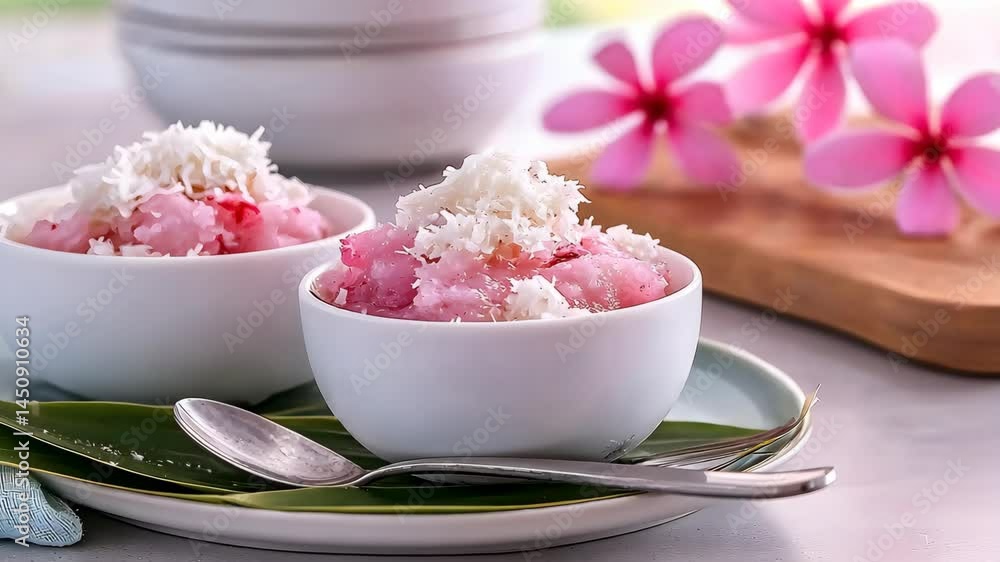 Two small bowls of pink dessert topped with coconut. Two small bowls of pink dessert topped with coconut.