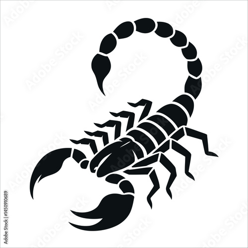 Silhouette of a scorpion with its distinctive segmented tail raised in a defensive posture. 