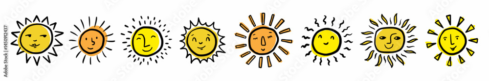 Vector horizontal collection of smiling cute suns with sunbeams, hand drawn with doodle style Vector horizontal collection of smiling cute suns with sunbeams, hand drawn with doodle style