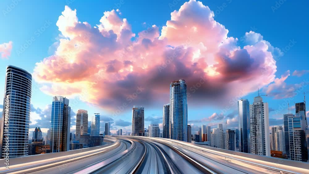 Cityscape with Buildings and Clouds in a Bright Sky Cityscape with Buildings and Clouds in a Bright Sky