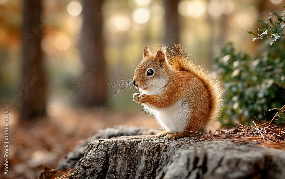 Squirrels tranquil feast on weathered stump Squirrels tranquil feast on weathered stump