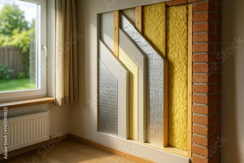 Cross-section of advanced wall insulation showing multiple protective layers including foam, foil, and fiberglass for enhanced thermal efficiency in modern home interiors