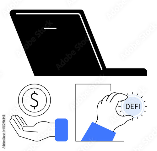 Laptop for digital activity, hand holding dollar coin, and DeFi token symbolizing cryptocurrency, decentralized finance. Ideal for fintech projects, blockchain, digital assets, investments, crypto