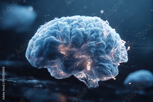 A digital glowing blue human brain with convolutions is rendered in 3D on a dark technological background filled with coding, symbolizing the concept of neural network and scientific technology