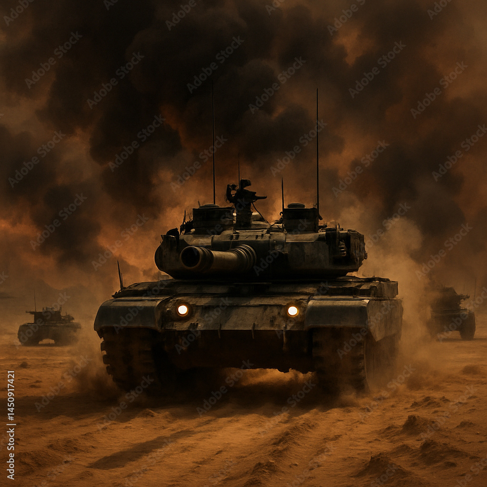 Fototapeta premium Tanks Firing in Battlefield Smoke
