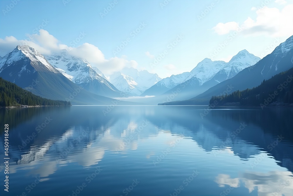 AI-generated serene image of a calm lake and snowy mountain peaks AI-generated serene image of a calm lake and snowy mountain peaks