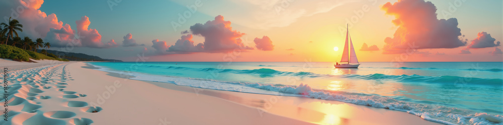 Naklejka premium A serene tropical beach at sunset with a sailboat gliding on turquoise waters and palm trees lining the shore.