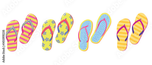 Colorful Beach Flip-Flops Set. Summer Vacation Footwear Vector