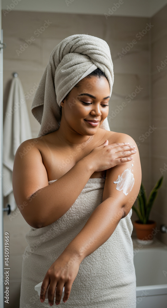 Fototapeta premium Radiant Skin Ritual: Woman Applying Moisturizer After Bath, Embracing Self-Care and Natural Beauty in the Bathroom