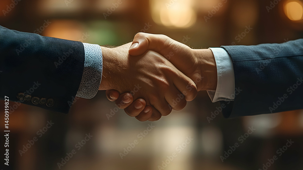 Two people in business suits shaking hands, a close-up view of the handshake, in a blurred background of a restaurant or business setting Two people in business suits shaking hands, a close-up view of the handshake, in a blurred background of a restaurant or business setting