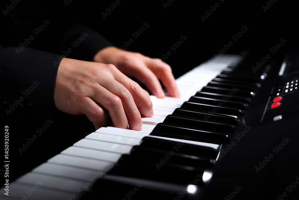 Fototapeta premium Hands play a melodic tune on a piano during an intimate evening performance