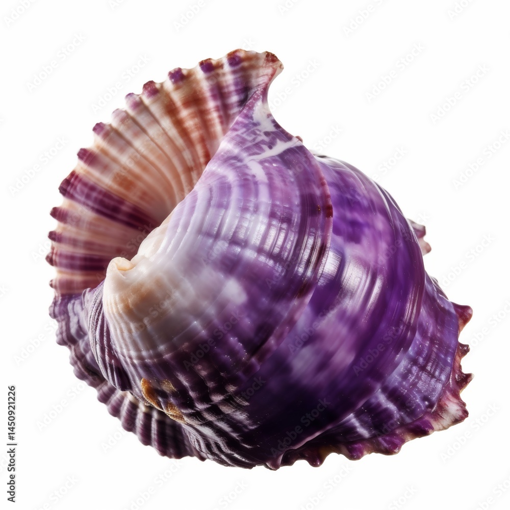 Obraz premium Close-up studio shot of a beautiful purple and white seashell on a white background.