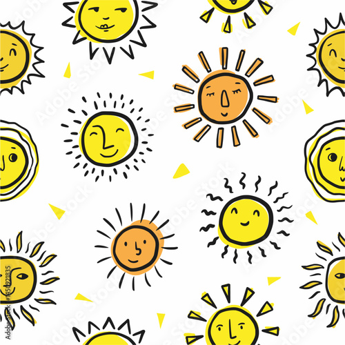 Vector pattern from collection of smiling cute suns with sun rays, hand drawn in doodle style