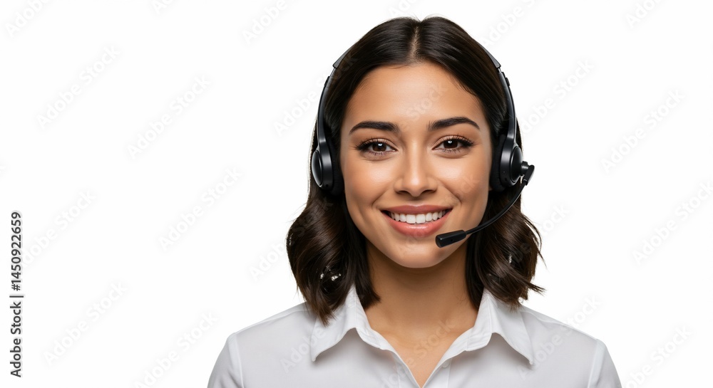 Smiling customer service woman call center agent support headset operator helpdesk representative assistance