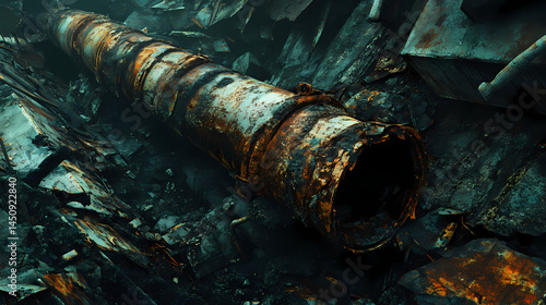 A heavily corroded metallic pipe rests amidst debris, showcasing the effects of time and decay. [Corroded Realms] | Iron Thorns | metallic decay. Illustration