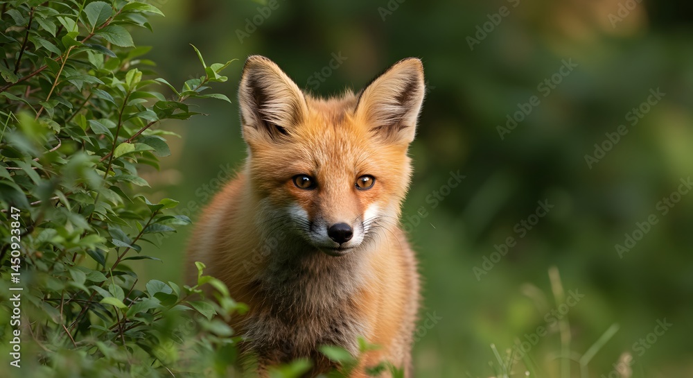 A Curious Fox Peeking from Behind a Bush, Its Ears Alert and Tail Flicking in the Wind A Curious Fox Peeking from Behind a Bush, Its Ears Alert and Tail Flicking in the Wind