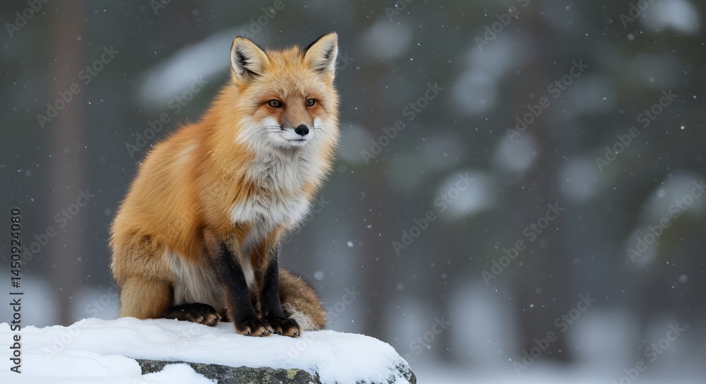 A Red Fox Sitting on a Snow-Covered Rock, Its Breath Visible in the Crisp Winter Air A Red Fox Sitting on a Snow-Covered Rock, Its Breath Visible in the Crisp Winter Air