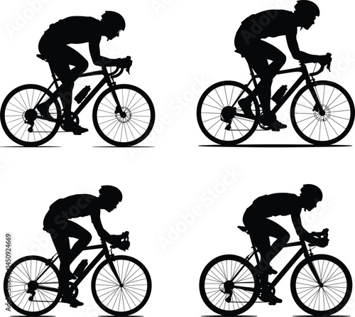 Set of Cyclist Riding Road Bike Silhouettes – Side View with Helmet and Detailed Frame in Solid Black Vector on White Background