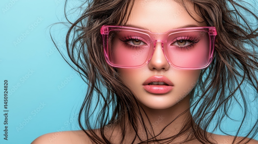 The portrait of a vibrant summer features pink sunglasses, gold makeup, and windblown pink hair The portrait of a vibrant summer features pink sunglasses, gold makeup, and windblown pink hair