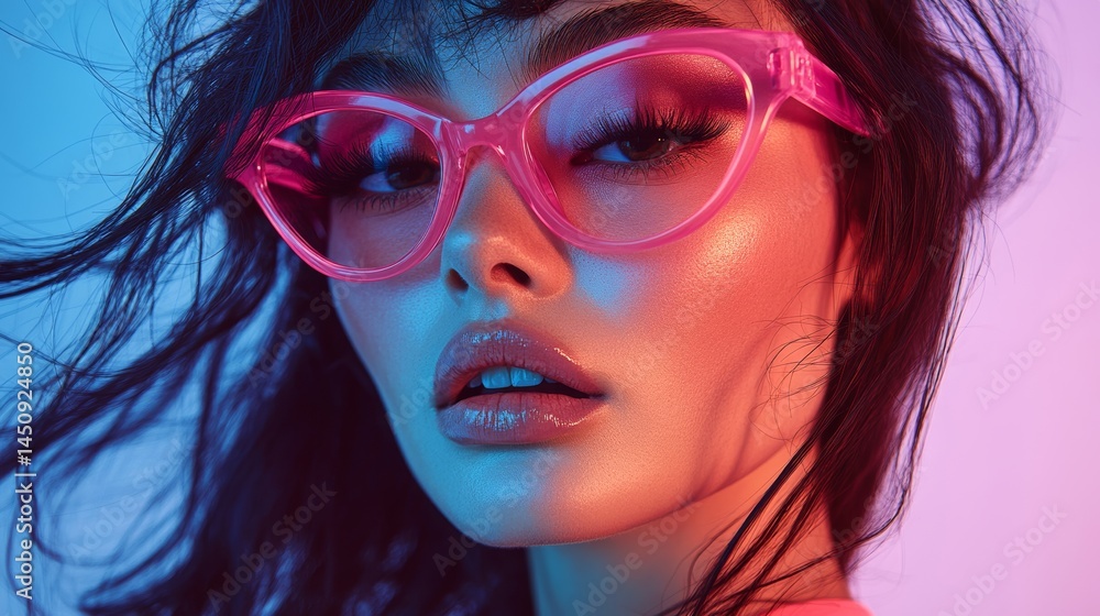 Pink sunglasses, gold makeup, and windblown pink hair come together to create a vibrant summer portrait Pink sunglasses, gold makeup, and windblown pink hair come together to create a vibrant summer portrait