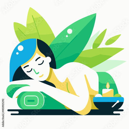 Woman relaxing in sauna during detox treatment surrounded by foliage  
