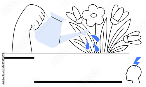 Hand pouring water onto blooming flowers using watering can, head with a lightning thought. Ideal for growth, nurturing, innovation, learning, sustainability, creativity personal development. Flat