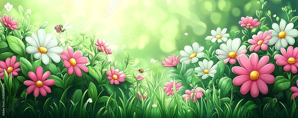 Sunny meadow, pink daisies, bees, bokeh background, springtime Sunny meadow, pink daisies, bees, bokeh background, springtime