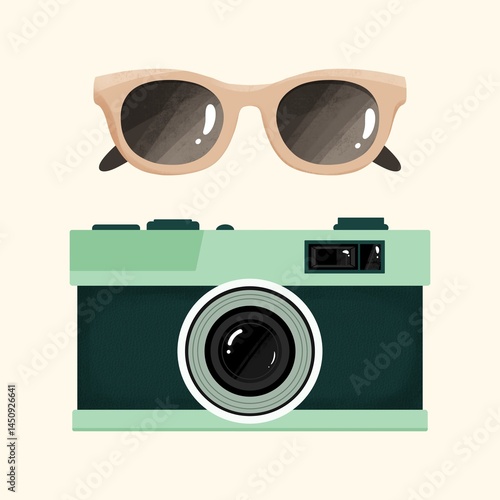 Summer illustration with sunglasses and a retro camera on a light background. Perfect for travel themes, vacation blogs, and seasonal content.