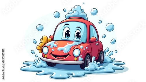 Cute cartoon car washes itself, smiling, bubbly, colorful, playful fun.