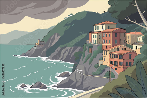 1 Cinque Terre coastline, colorful Italian seaside village, terraced hillsides, turquoise Mediterranean Sea, dramatic cliffs, vibrant architecture, panoramic view, lush vegetation, picturesque harbor,