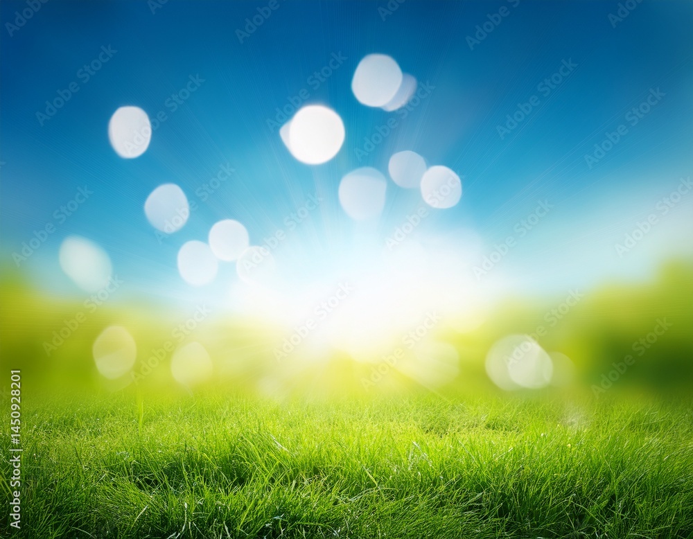 Fototapeta premium abstract nature blur background with bokeh light sunny spring meadow blur background blue sky to green grass gradient
