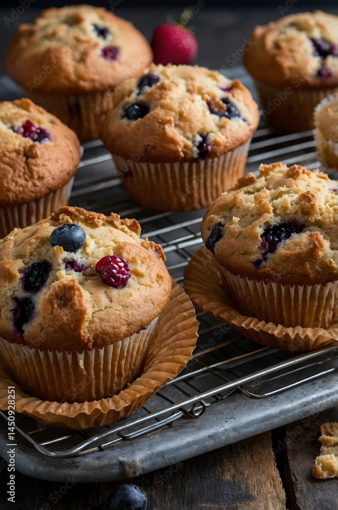 Close-Up of Jumbo Blueberry Muffins with Golden Tops Close-Up of Jumbo Blueberry Muffins with Golden Tops
