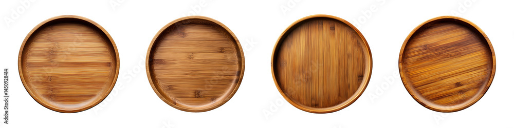 Set of empty round bamboo plates isolated on transparent background Set of empty round bamboo plates isolated on transparent background