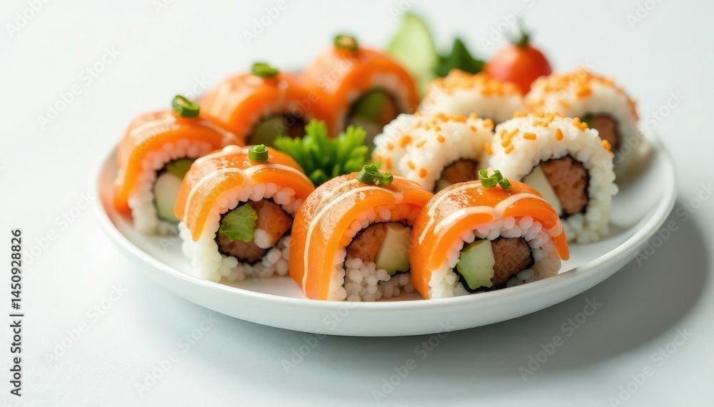 Sushi platter, various rolls, minimalist white setting, elegant, photography Sushi platter, various rolls, minimalist white setting, elegant, photography