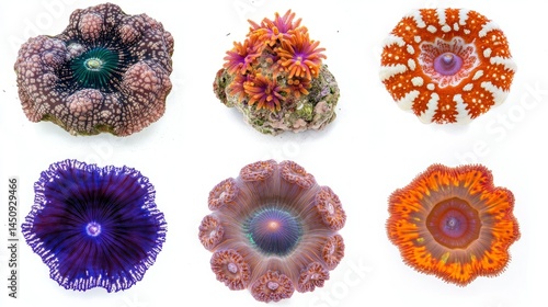 Six Vibrant Coral Polyp Species in a Studio Shot