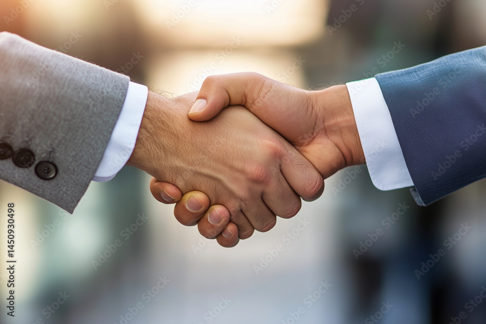 Two men shaking hands in a business setting. Concept of professionalism and trust between the two individuals Two men shaking hands in a business setting. Concept of professionalism and trust between the two individuals