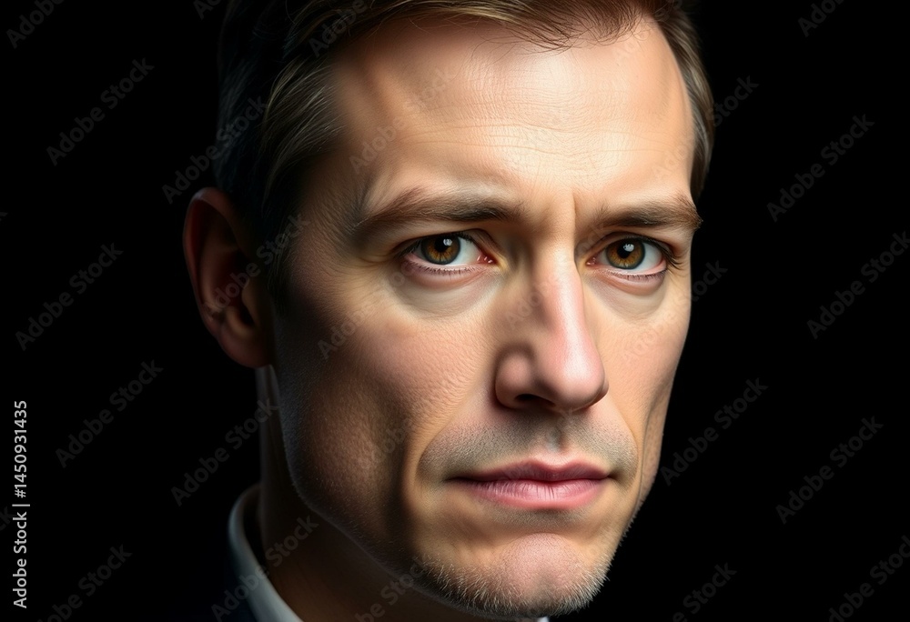 Male portrait on black background with calm expression Male portrait on black background with calm expression