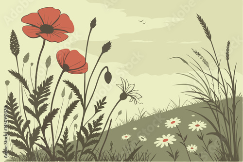 3 Wildflower meadow, textured background, vintage feel, muted green tones, red poppies, white daisies, soft sky, grunge texture, dreamy atmosphere, elongated panoramic composition, botanical illustrat