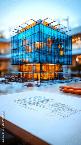 Modern architectural model, sketch, and blueprints, on a table.  Detailed 3D render of a glass-fronted building, with interior light, and design sketches