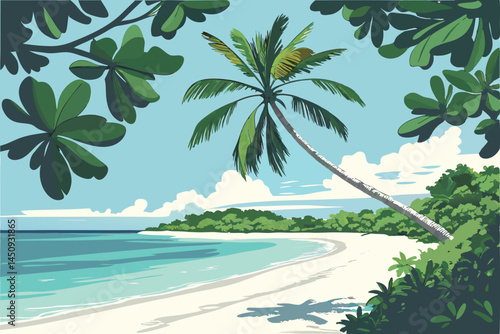 4 Tropical paradise, pristine white sand beach, lone palm tree, crystal clear turquoise water, calm ocean, blue sky with wispy clouds, lush green foliage, sunlit shoreline, idyllic island scenery, tra