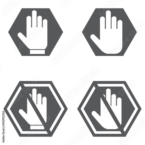 Red stop sign. White text and hand symbol on red traffic sign. Vector illustration.