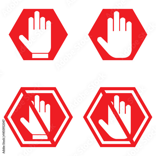 Red stop sign. White text and hand symbol on red traffic sign. Vector illustration.