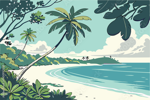 4 Tropical paradise, pristine white sand beach, lone palm tree, crystal clear turquoise water, calm ocean, blue sky with wispy clouds, lush green foliage, sunlit shoreline, idyllic island scenery, tra
