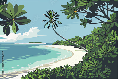 4 Tropical paradise, pristine white sand beach, lone palm tree, crystal clear turquoise water, calm ocean, blue sky with wispy clouds, lush green foliage, sunlit shoreline, idyllic island scenery, tra