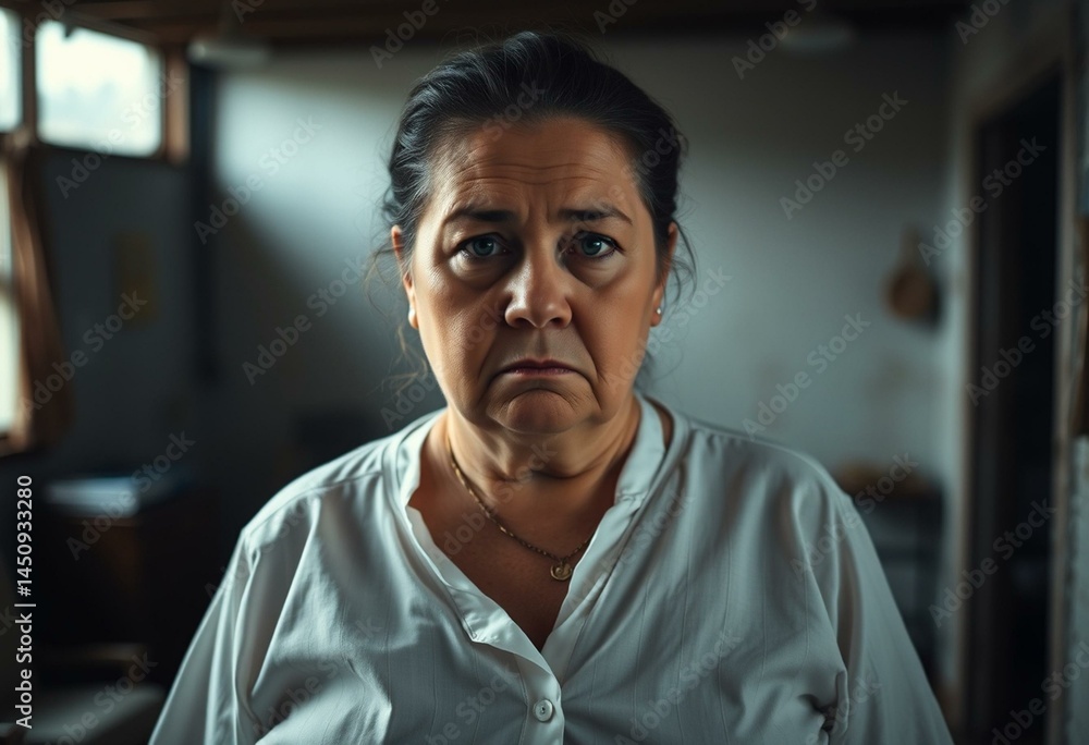 Obraz premium A portrait of an overweight woman with a worn-out expression