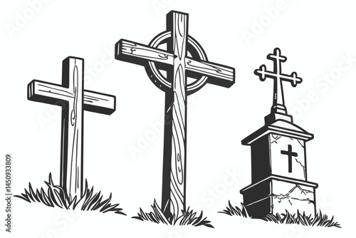 5 Wooden crosses, rustic religious symbols, weathered wood textures, antique Christian icons, distressed wooden crosses, varied wood grains, old church artifacts, religious relics, simple cross design