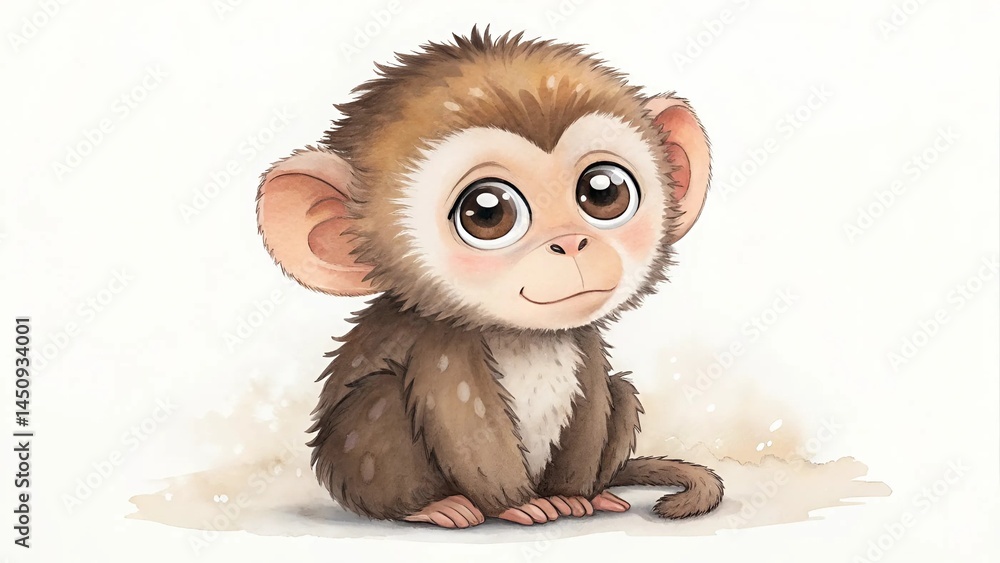 Obraz premium Cute Watercolor Baby monkey Clipart – Hand Painted Nursery Wall Art – Jungle Safari Animal Print for Kids Room Decor