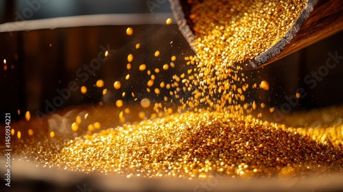Obraz na płótnie Golden Nuggets Pouring into a Wooden Container - Precious Metal Extraction w salonie