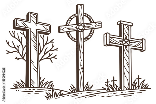 5 Wooden crosses, rustic religious symbols, weathered wood textures, antique Christian icons, distressed wooden crosses, varied wood grains, old church artifacts, religious relics, simple cross design